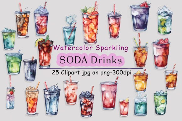25 Sparkling Soda Drinks Watercolor Illustrations