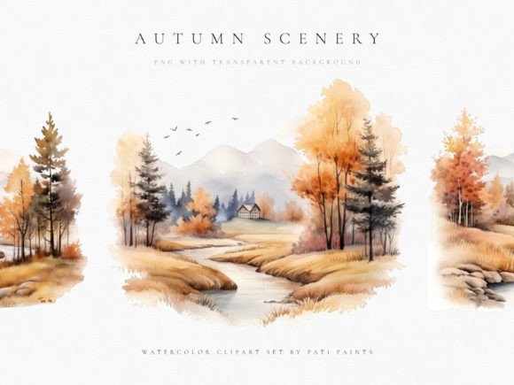 Autumn Scenery Watercolor Clipart Set & Illustrations
