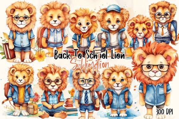 Back to School Lion Watercolor Clipart & Illustrations