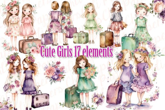 Cute Watercolor Girls Clipart for Travel-Themed Branding & Illustrations