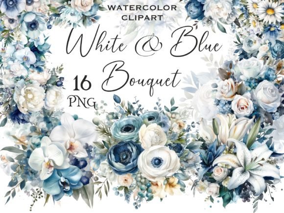 Elegant Watercolor White Blue Flower Bouquets for Local Business Branding