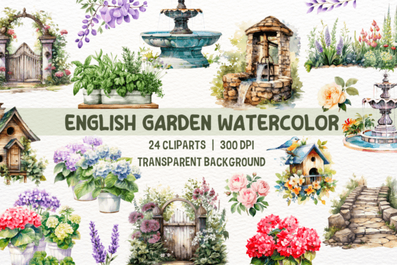 English Garden PNG Watercolor Clipart: Elegant Illustrations for Bloggers & Publishers