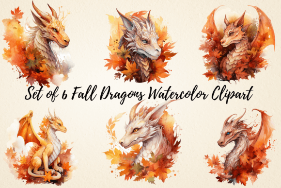 Fall Dragons Watercolor Clipart & Illustrations
