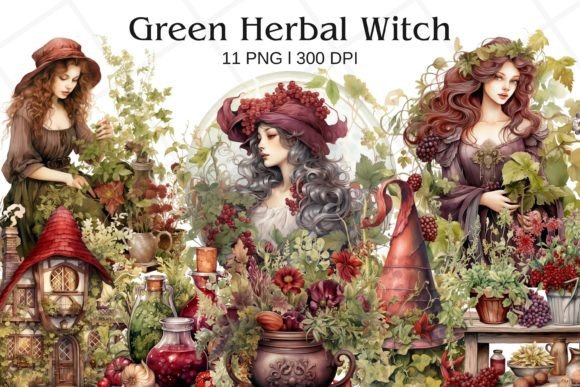 Green Herbal Witch Watercolor Clipart – A Moody Botanical Illustration for Crafters & Etsy Sellers