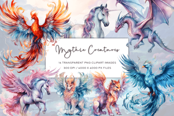 Mythic Creatures Watercolor Clipart & Illustrations