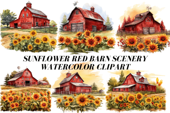Sunflower Red Barn Scenery Watercolor Illustrations
