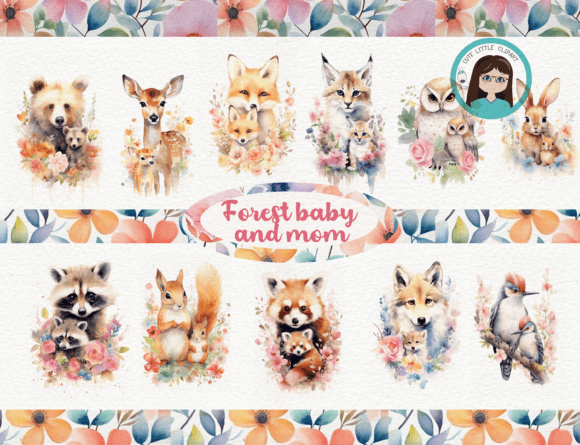 Watercolor Baby and Mom Forest Animals Illustrations for Crafters