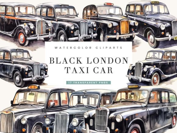 Watercolor Black London Taxi Cab Clipart & Illustrations