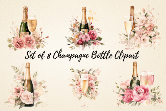 Watercolor Champagne Bottle Clipart & Illustrations