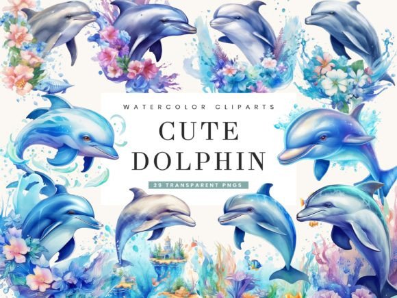 Watercolor Cute Dolphin Clipart Bundle for Blog & Editorial Design