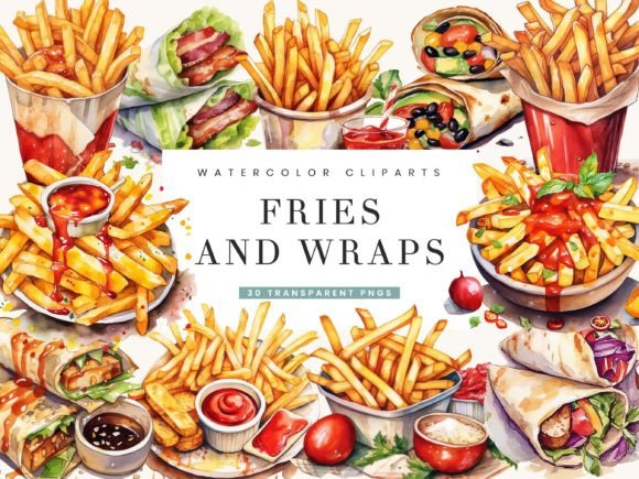 Watercolor Fries and Wraps Clipart