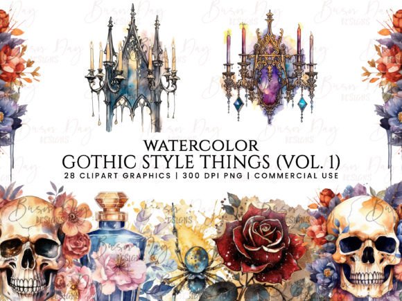 Watercolor Gothic Style Things Clipart for Branding & Marketing
