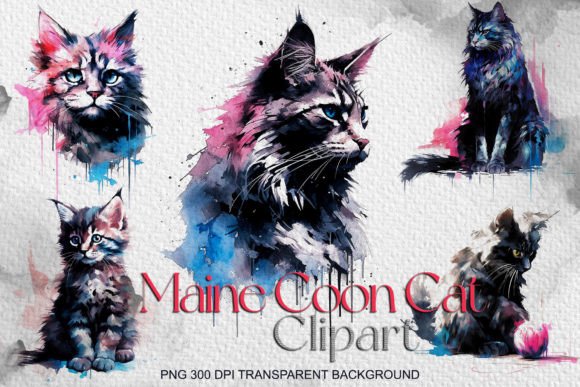 Watercolor Maine Coon Cat Clipart for Illustrations & Digital Product Sellers