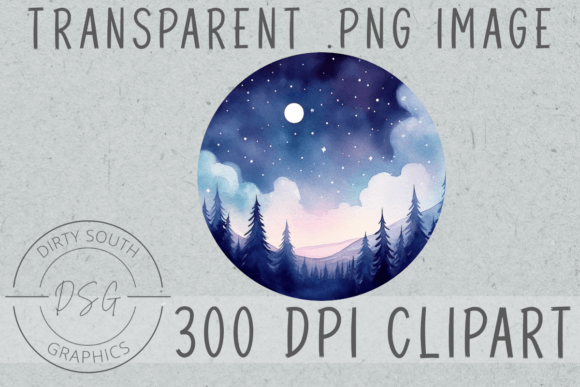 Watercolor Mountain Forest Moon Illustrations