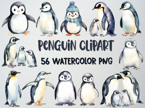 Watercolor Penguin Clipart Set, 56 PNG