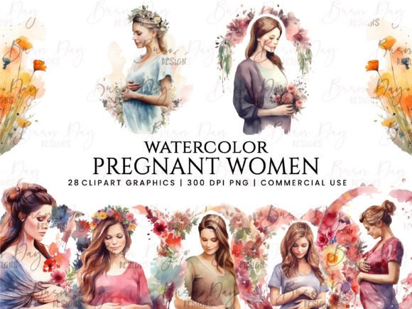 Watercolor Pregnant Women Clipart Bundle: Illustrations That Elevate Maternity Content