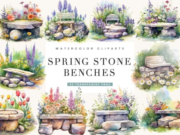 Watercolor Spring Stone Benches Clipart: A Fresh Illustration for Lifestyle Branding