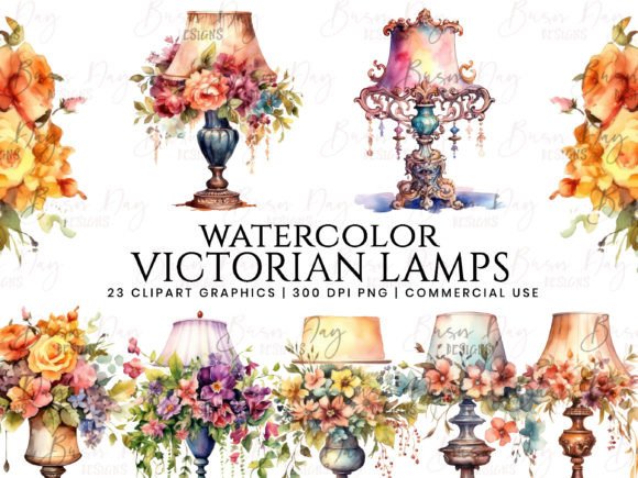 Watercolor Victorian Lamp Clipart for Illustrations & Digital Product Sellers