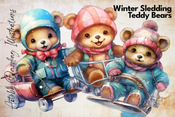 Watercolor Winter Teddy Bears Sledding Review